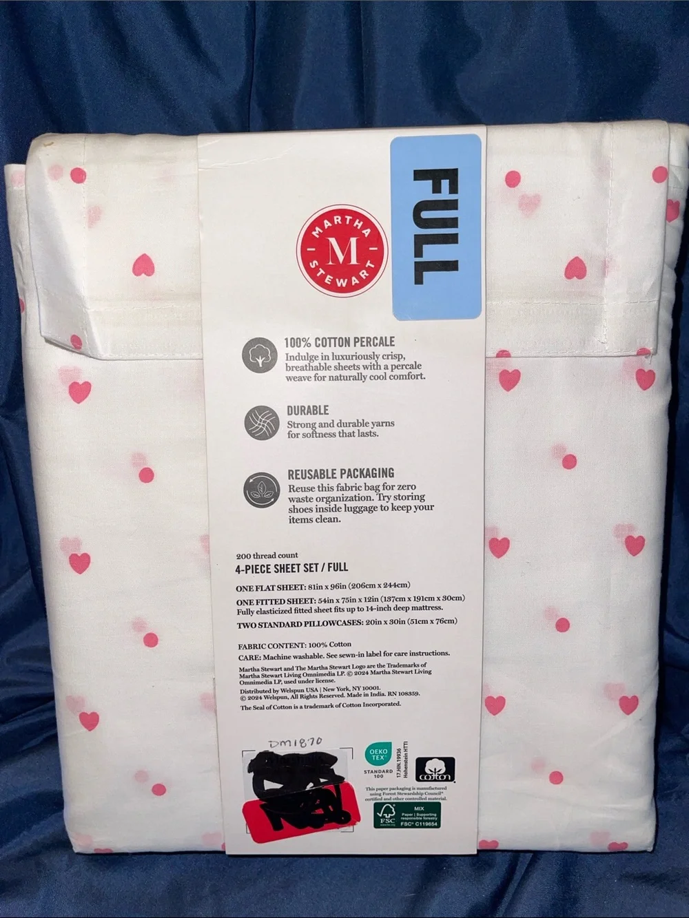 Martha Stewart White Sheet Set with Pink Heart Dot Print